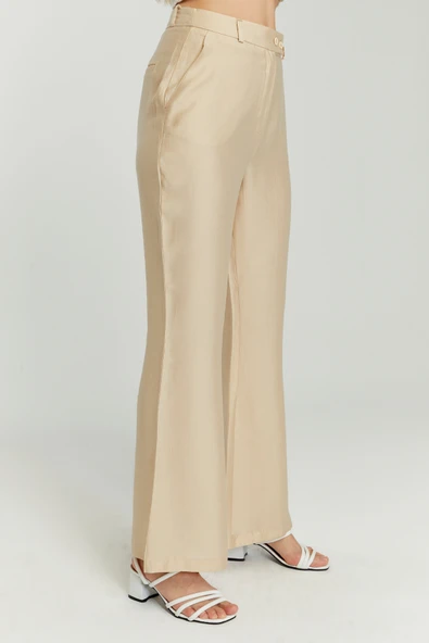 Açık Bej Keten İspanyol Paça Dokuma Pantolon - 8