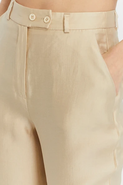 Açık Bej Keten İspanyol Paça Dokuma Pantolon - 3