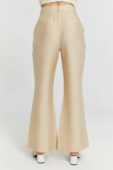 Açık Bej Keten İspanyol Paça Dokuma Pantolon - 9