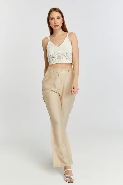 Açık Bej Keten İspanyol Paça Dokuma Pantolon - 6