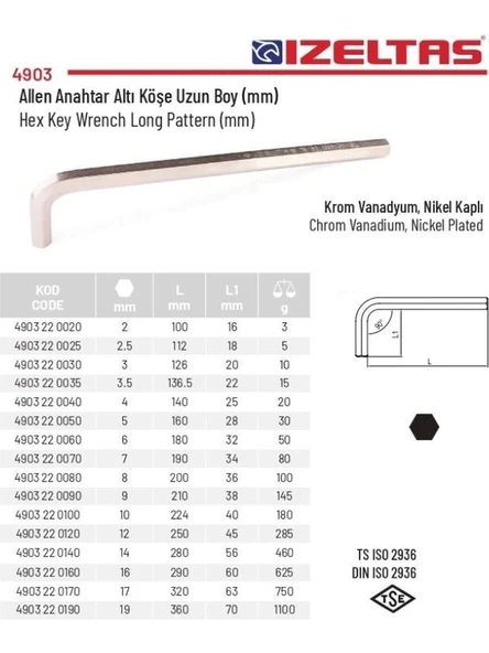 İzeltaş 10 mm Allen Anahtar Altı Köşe Uzun Boy 4903220100 - 2