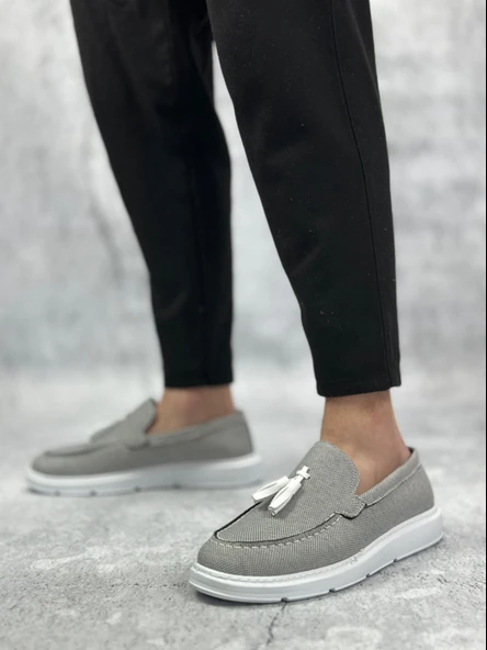 Pabucmarketi Bağcıksız Keten Püsküllü Erkek Klasik Ayakkabı FÜME (BEYAZ TABAN) - Resim 2