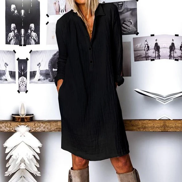 Günlük Rahat Baharlık Salaş Gömlek Yaka Elbise ürün görseli 1