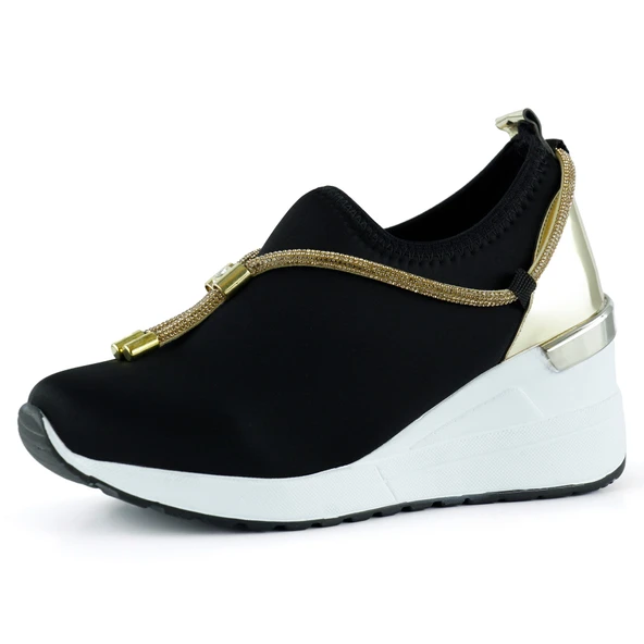 Erkan Saçmacı Ellie Altın Streç Zincirli Taşlı Tokalı Metal Detaylı Dolgu Topuklu Günlük Ayakkabı