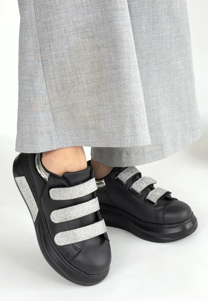 Pabucmarketi Siyah Suni Deri Simli Cırt Cırtlı Kadın Spor Ayakkabı - 2