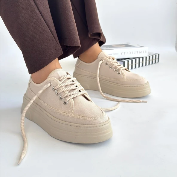 Pabucmarketi Bej Keten Bağcıklı Kadın Spor Ayakkabı - 4