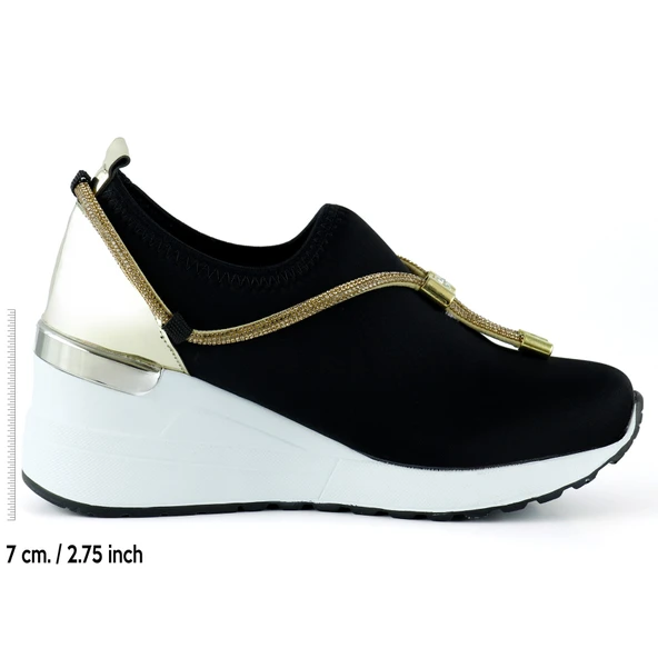 Erkan Saçmacı Ellie Altın Streç Zincirli Taşlı Tokalı Metal Detaylı Dolgu Topuklu Günlük Ayakkabı - 2