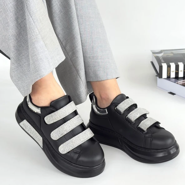 Pabucmarketi Siyah Suni Deri Simli Cırt Cırtlı Kadın Spor Ayakkabı - 4