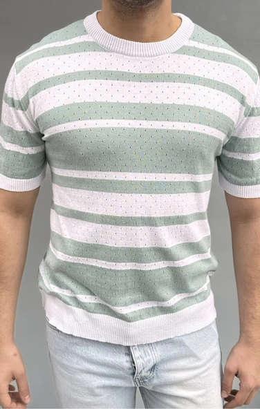 Çizgi Detay Delikli Triko T-shirt - 5