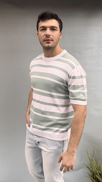 Çizgi Detay Delikli Triko T-shirt - 2