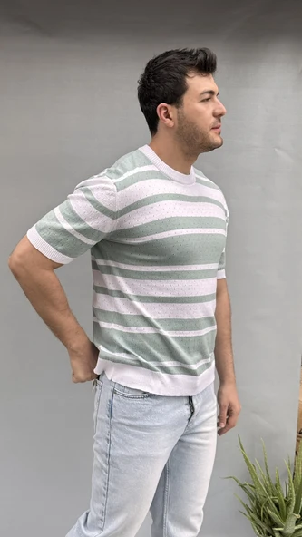 Çizgi Detay Delikli Triko T-shirt - 4