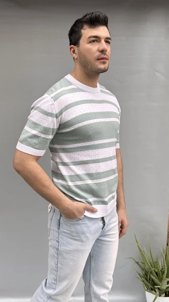 Çizgi Detay Delikli Triko T-shirt - 3