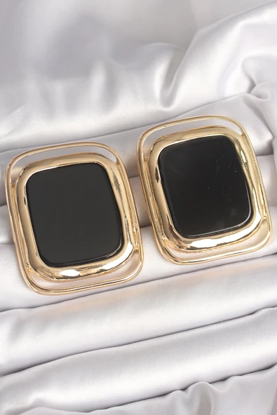 Pirinç Gold Renk Siyah Mineli Kare Model Kadın Küpe - TJ-BKP10429