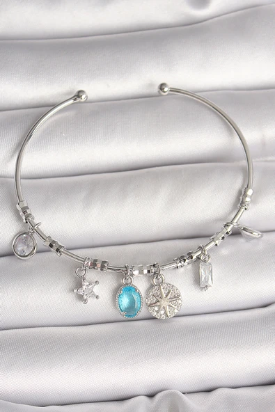 Pirinç Gümüş Renk Sallantı Pusula Figür Kalp Detay Charm Kadın Bileklik - TJ-BB6902 - 1