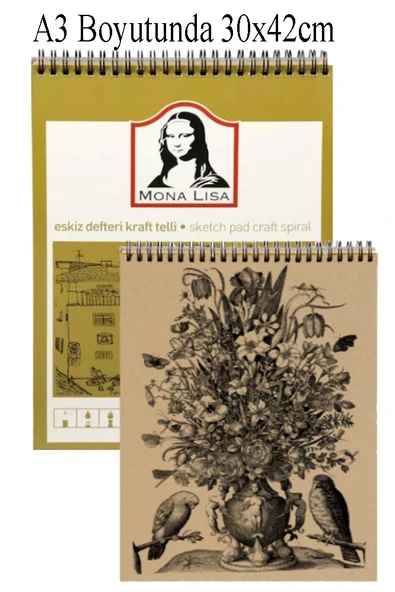 Spralli Eskiz Defteri Kraft A3 1 Adet Telli Kraft Eskiz Defteri 120 gr 50 Yaprak Karakalem Defteri Südor Monalisa 30X42 cm