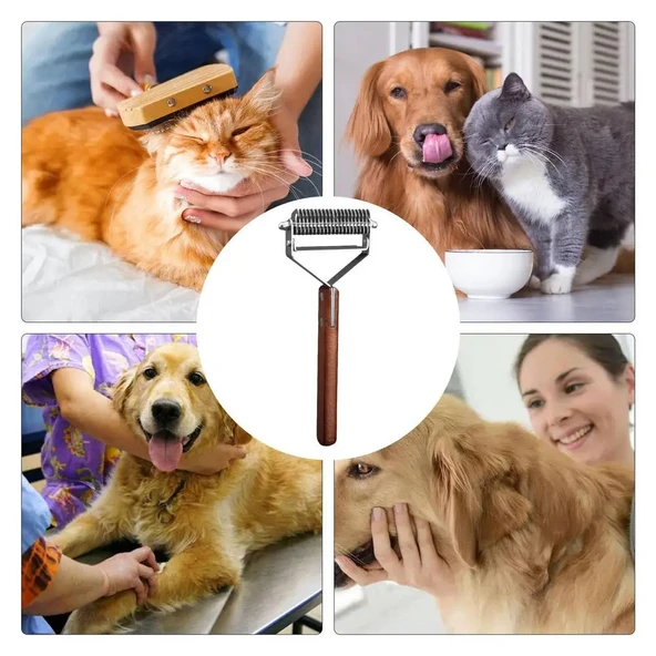 TechTic Evcil Hayvan Tarağı Çift Taraflı Kedi Köpek Kıtık Tüy Topak Açıcı Metal Dişli Ahşap Saplı - 6