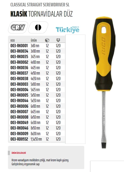 Rico 8x200 Klasik Seri Düz Uçlu Tornavida 003-RK0009 - 2