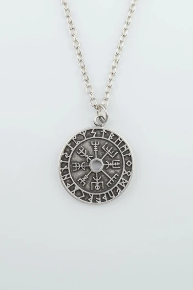 Vegvisir Pusula - Viking Sembol Gümüş Kaplama Düz Zincir Kolye