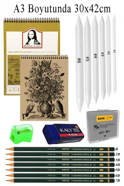 A3 Kraft Eskiz Defteri Spiralli 50 Yaprak Karakalem Çizim Seti Gölgelendirme Kalemi Hamur Silgi Fatih Dereceli Kalem Hob