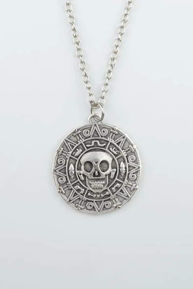 Aztec Karayip Korsanları Madalyon Gümüş Kaplama Düz Zincir Kolye ürün görseli 1