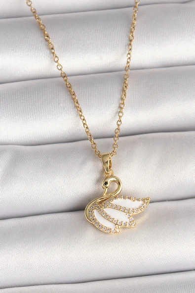 316L Çelik Gold Renk Zincir Zirkon Taşlı Kuğu Model Kadın Kolye - TJ-BKO9996 ürün görseli