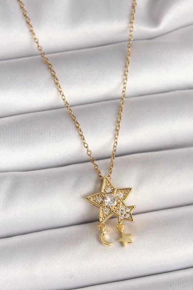 316L Çelik Gold Renk Zincir Zirkon Taşlı Yıldız Model Sallanı Ay Yıldız Detay Kadın Kolye - TJ-BKO9973