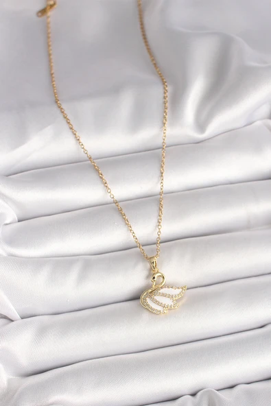 316L Çelik Gold Renk Zincir Zirkon Taşlı Kuğu Model Kadın Kolye - TJ-BKO9996 - Resim 2