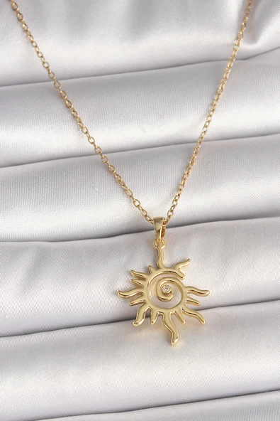 316L Çelik Gold Renk Zincir Zirkon Taş Detaylı Güneş Model Kadın Kolye - TJ-BKO9988