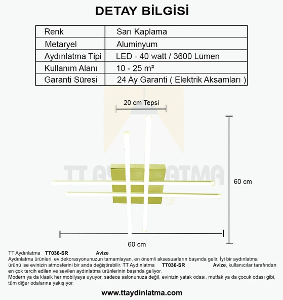 TT Aydınlatma TT036-SR  Hashtag Modeli Sarı Kaplama Led Avize - Resim 4