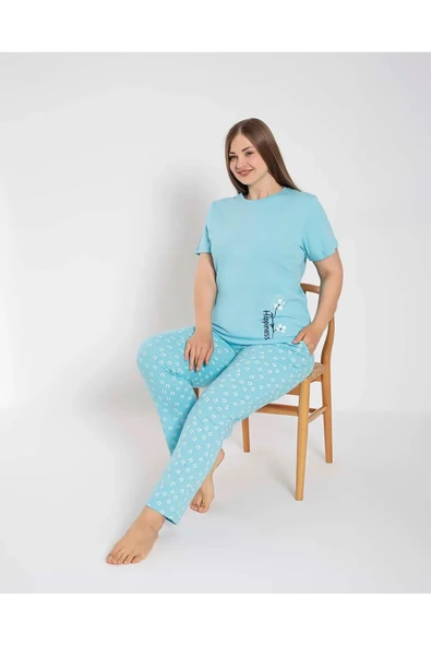 Senfoni Kadın Büyük Beden Bisiklet Yaka Kısa Kol Pamuklu Pijama Takımı 6083 -1 Adet  4XL Turkuaz - 6