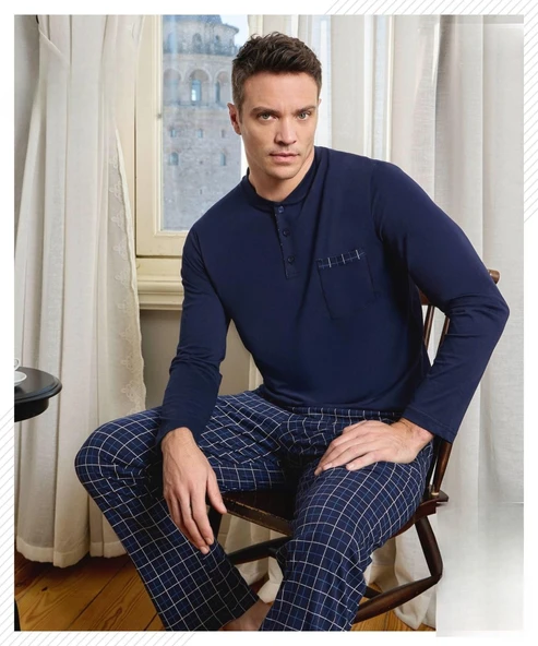 Pijamoni Erkek Düğme Yaka Uzun Kol Mevsimlik Pijama Takımı 6800/12 - 1 Adet  L Lacivert