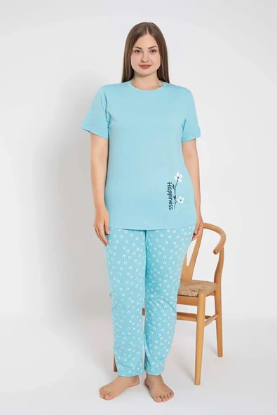 Senfoni Kadın Büyük Beden Bisiklet Yaka Kısa Kol Pamuklu Pijama Takımı 6083 -1 Adet  Turkuaz 3XL