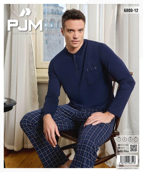 Pijamoni Erkek Düğme Yaka Uzun Kol Mevsimlik Pijama Takımı 6800/12 - 1 Adet  Lacivert 2XL - 2
