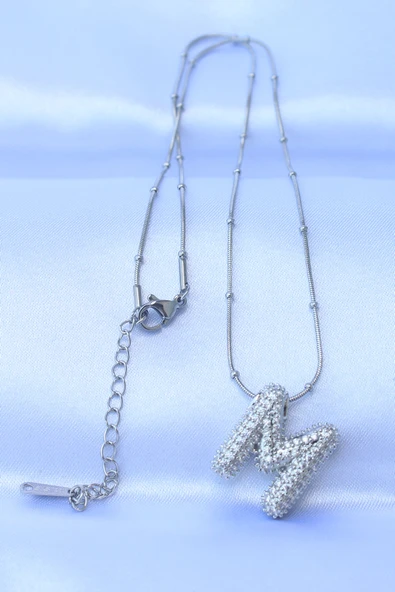 316L Çelik Zincirli Zirkon Taşlı M Harfli Gümüş Renk Bubble Kolye - TJ-BKO8727 - Resim 2