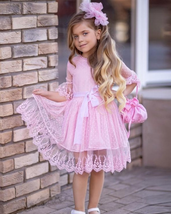 şımarık kids prenses güpürlü   çantalı tokalı dantel elbise