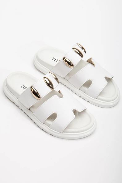 Rens Kadın Yumuşak Tabanlı Toka Detaylı Günlük Beyaz Terlik - Resim 2