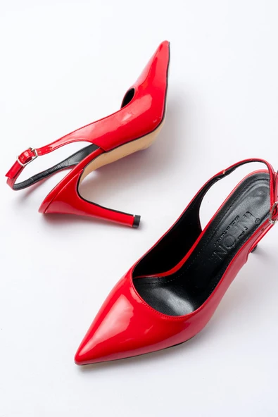 ST-1153 Kırmızı Rugan Günlük Arkası Açık 9 cm Topuklu Kadın Ayakkabı - Resim 5