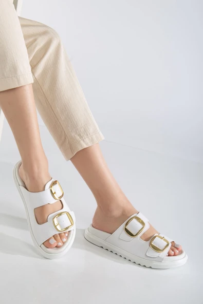 Harmony Çift Tokalı Yumuşak Tabanlı Günlük Beyaz Terlik - Resim 4