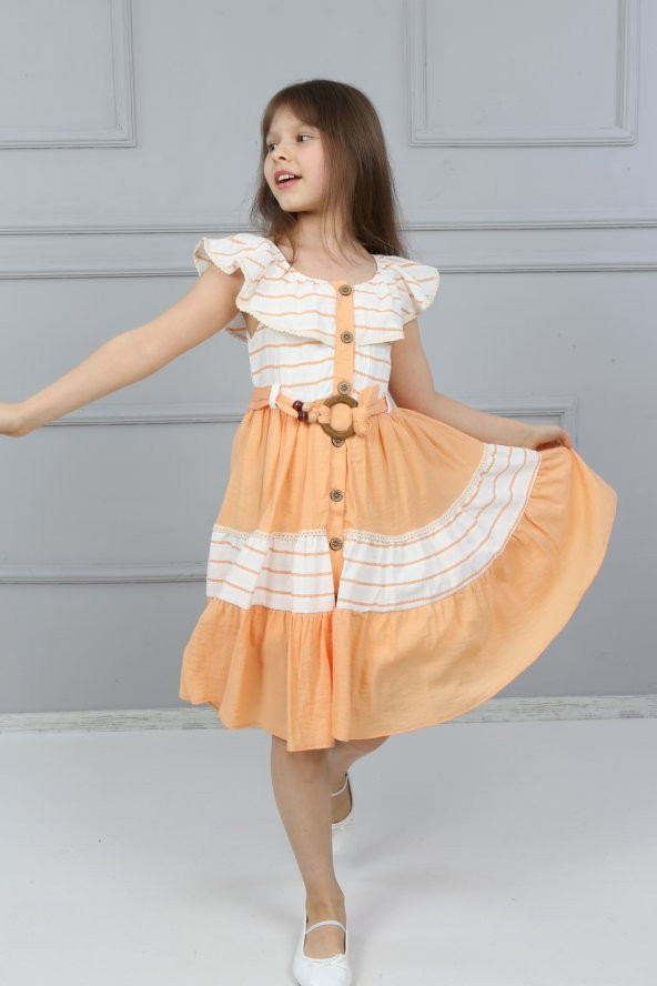 şımarık kids çizgili garnili boydan düğmeli elbise