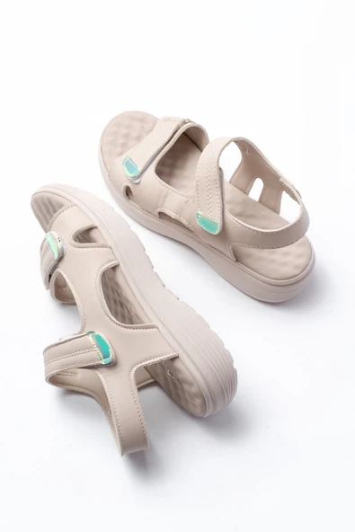 DM-363  Bej Baret Cırtlı Dikişli Günlük Kadın Sandalet - Resim 5