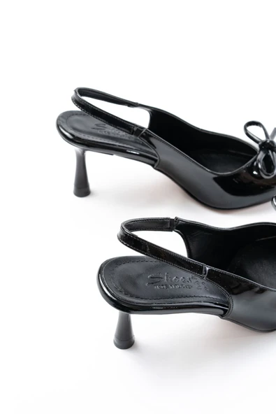 İNF-4500 Siyah Rugan Günlük Arkası Açık Fiyonklu Topuklu Bayan Ayakkabı - Resim 4