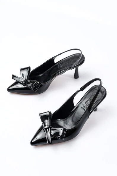 İNF-4501 Siyah Rugan Günlük Arkası Açık Fiyonklu Topuklu Bayan Ayakkabı - Resim 3