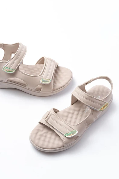 DM-363  Bej Baret Cırtlı Dikişli Günlük Kadın Sandalet - Resim 4
