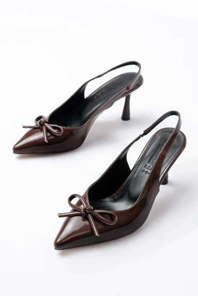 İNF-4500 Kahve Rugan Günlük Arkası Açık Fiyonklu Topuklu Bayan Ayakkabı - Resim 3