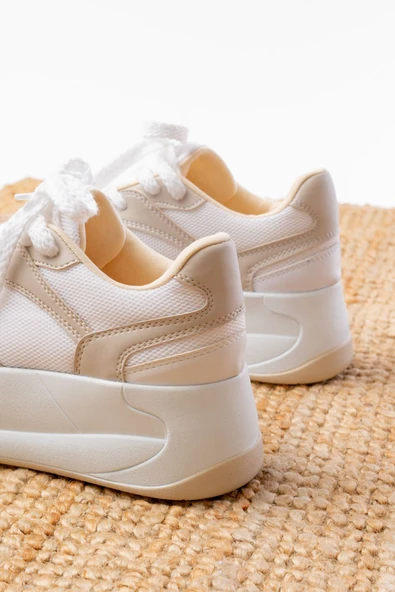 SP-190 Bej Garni Bağcıklı Fileli Yüksek Taban Günlük Spor Ayakkabı - 5
