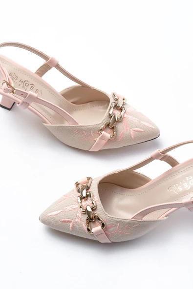 K-250 Pudra Keten Günlük Arkası Açık Tokalı Topuklu Kadın Ayakkabı - Resim 3