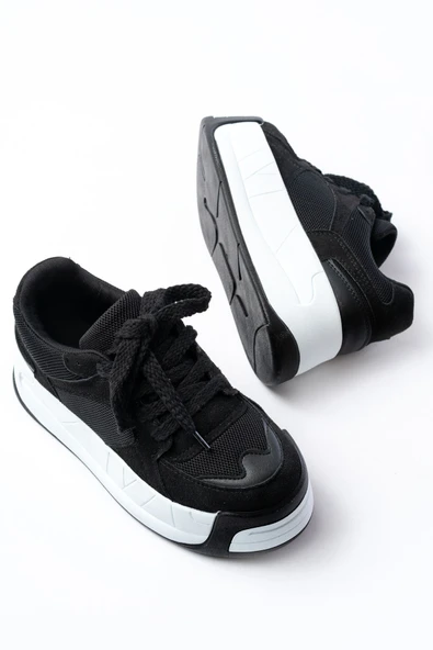 SP-190 Siyah Garni Bağcıklı Fileli Yüksek Taban Günlük Spor Ayakkabı - 4