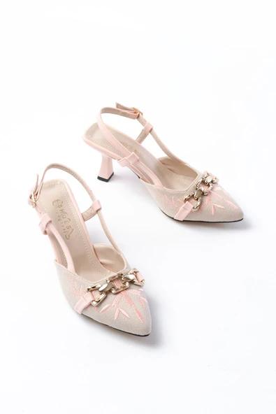 K-250 Pudra Keten Günlük Arkası Açık Tokalı Topuklu Kadın Ayakkabı - Resim 2