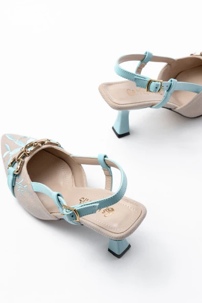 K-250 Mavi Keten Günlük Arkası Açık Tokalı Topuklu Kadın Ayakkabı - Resim 3