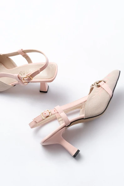 K-250 Pudra Keten Günlük Arkası Açık Tokalı Topuklu Kadın Ayakkabı - Resim 4